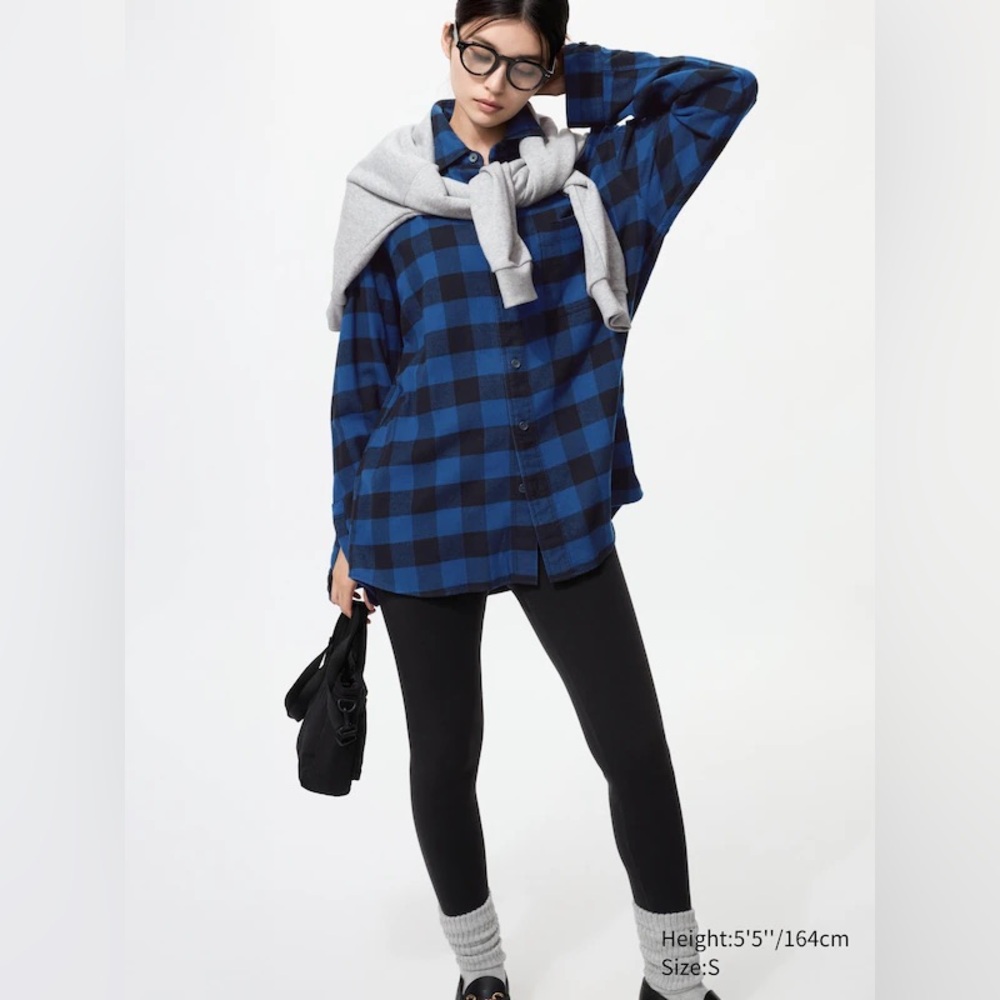 Uniqlo Buffalo Plaid Flannel Shirt Blue Black Button Up Unisex Grunge Large
